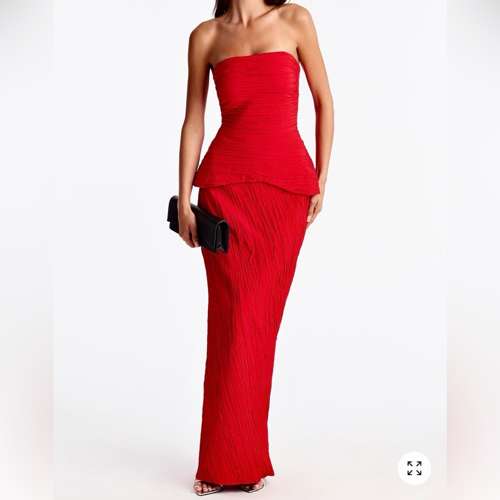 Red peplum pleated textured detail peplum maxi dress formal strapless party gown